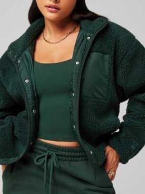 Fabletics Dark Green Sherpa Zip Jacket - L